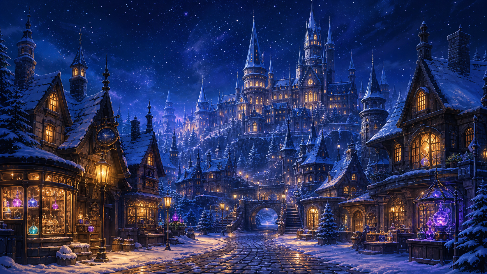 雪をかぶった魔法学校の城のイラスト