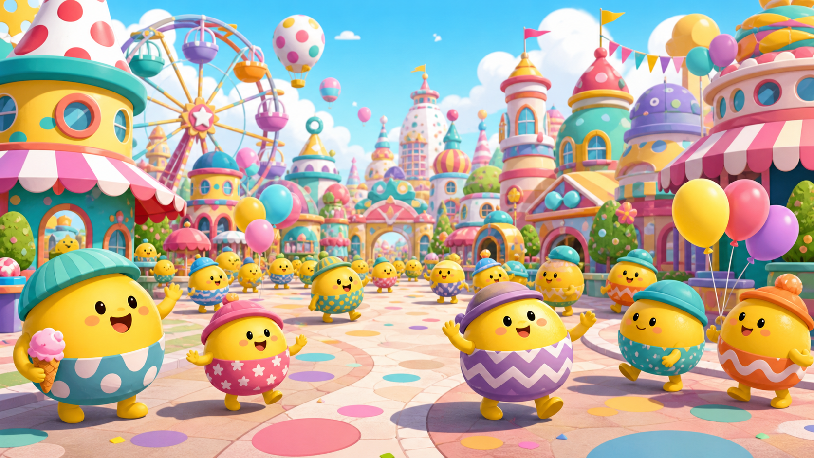 黄色いキャラクターが住むポップな街並みのイラスト